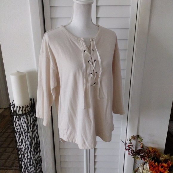 MADEWELL Cream 3/4 Sleeve Cotton-Blend Women's Libra Lace-Up Tee‎ Size M - Picture 5 of 10